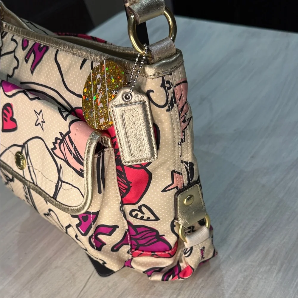 Coach Poppy Beige and Pink Floral Graphic Shoulder Bag